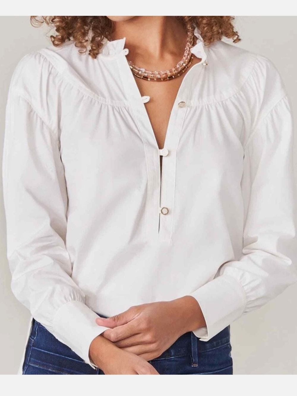 Spartina 449 Elsie Stretch Cotton Blouse XS Pearl White Poplin Ruffle Collar